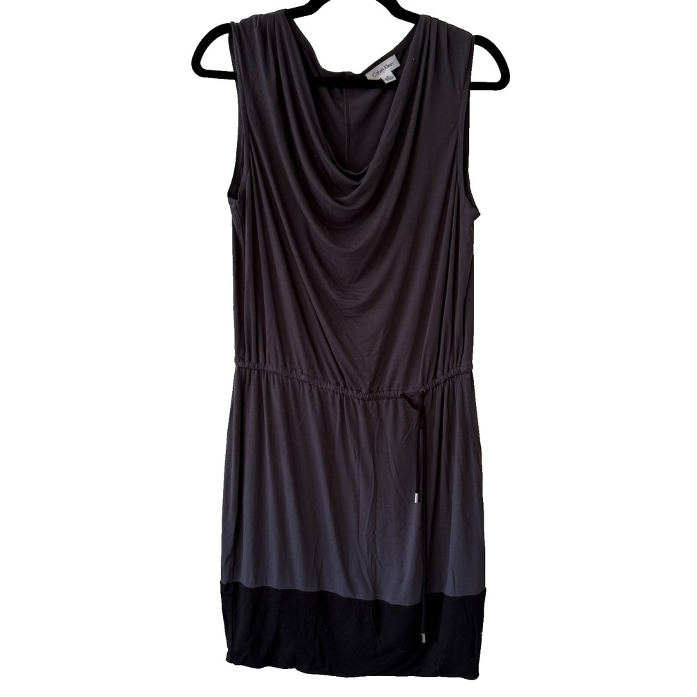 Calvin Klein Sleeveless Dress Women Size M Gray Black Colorblock Cowl Neck